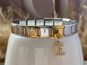 Pulsera italiana plateada corazon circonias e inicial de acero inoxidable