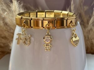 Pulsera Italiana fe, niño y corazon de acero inoxidable chapado en oro de 18k