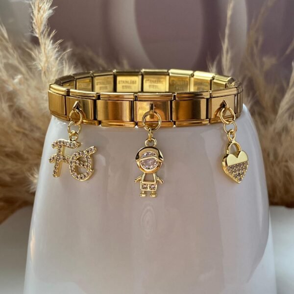 Pulsera Italiana fe, niño y corazon de acero inoxidable chapado en oro de 18k