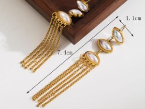 ARETES DORADOS CADENAS LARGAS TRIPLE PERLA