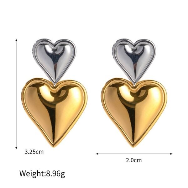 ARETES LARGO DOBLE CORAZON PLATEADO Y DORADO