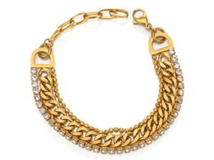 PULSERA DORADA  DE ESLABONES CUBANOS Y CIRCONEAS