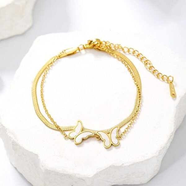 PULSERA DOBLE CADENA DE SERPIENTE PLANA DOBLE MARIPOSA NACAR