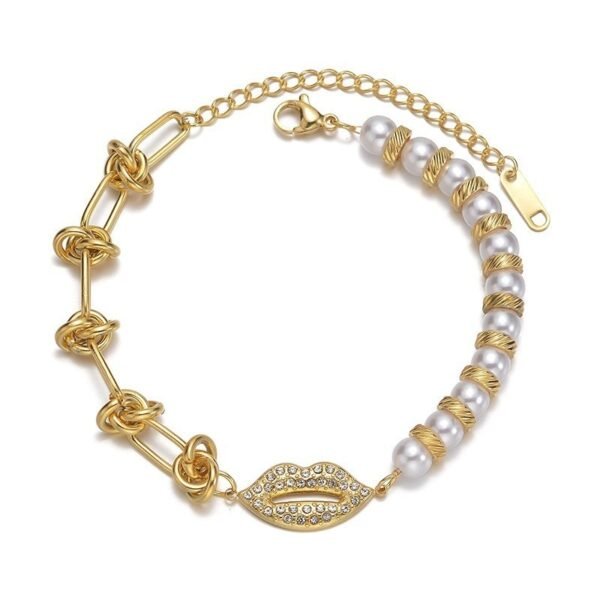 PULSERA DORADA DIJE LABIOS MITAD PERLAS