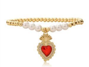 Pulsera dorada cuentas doradas y perlas corazón sagrado de Jesús