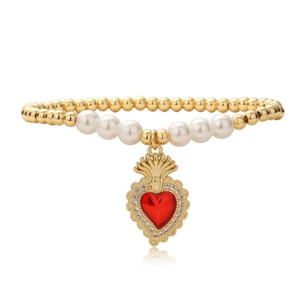 Pulsera dorada cuentas doradas y perlas corazón sagrado de Jesús