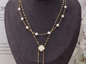 Collar dorado doble cadena trébol blanco acero inoxidable chapado en oro