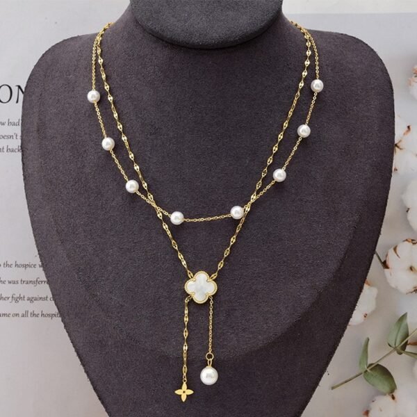 Collar dorado doble cadena trébol blanco acero inoxidable chapado en oro