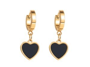 Arete dorado con corazón negro colgante en acero inoxidable