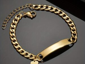 Pulsera dorada placa lisa corazón colgante de acero inoxidable