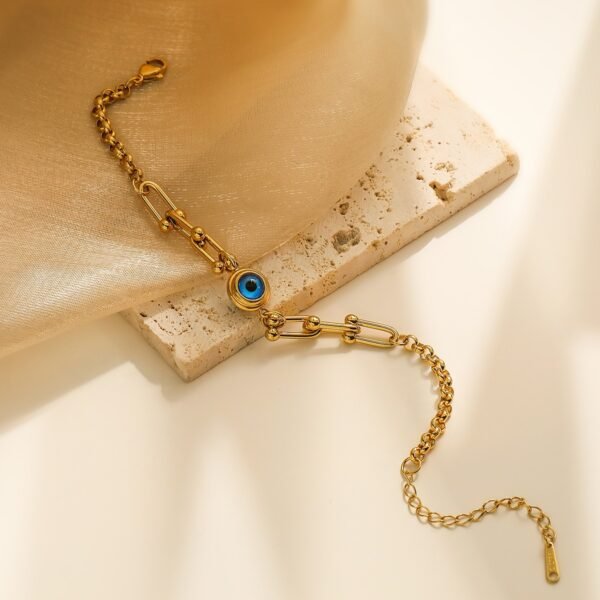 Pulsera dorada eslabón U ojo turco de acero inoxidable chapado en oro de 18k