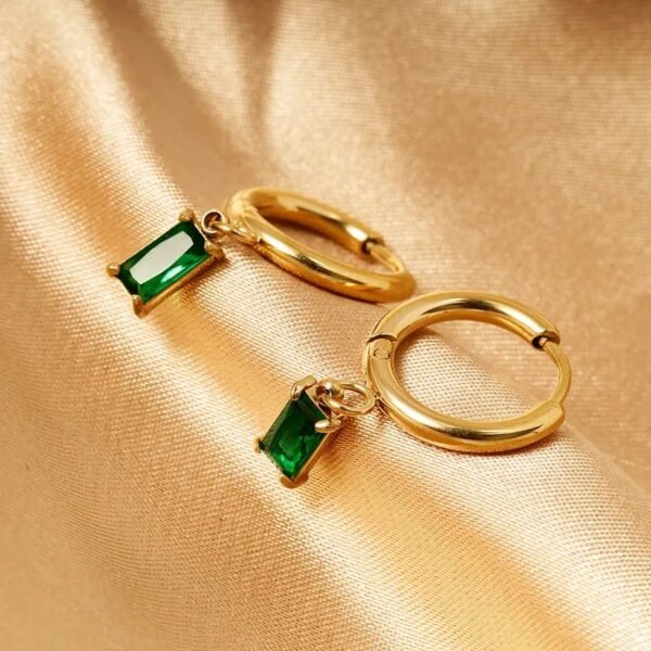 Aretes dorados rectángulo verde esmeralda acero inoxidable