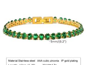 Pulsera dorada con circonias verde esmeralda acero inoxidable chapado en oro de 18k