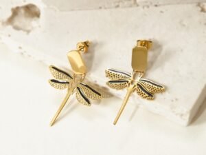 Aretes dorados dije libélula colgante acero inoxidable