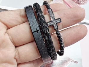 Trío de pulseras negras para caballero padre nuestro de acero inoxidable chapado en oro de 18k