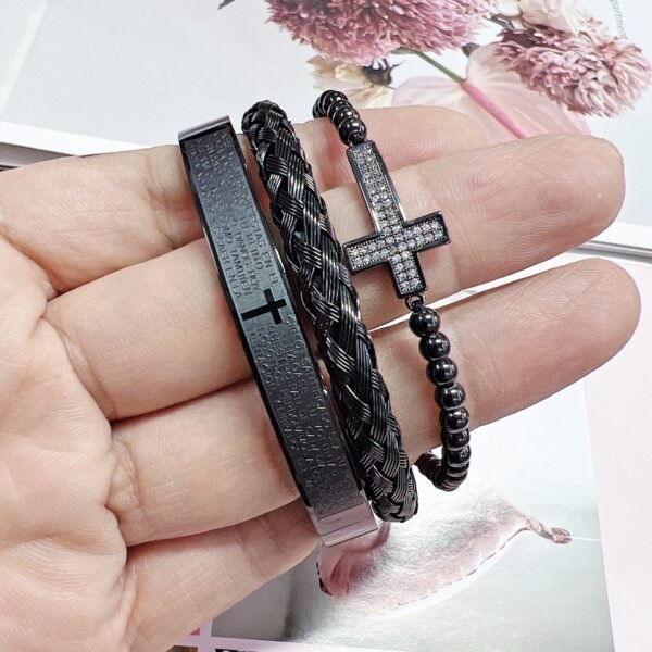 Trío de pulseras negras para caballero padre nuestro de acero inoxidable chapado en oro de 18k