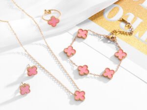 Set dorado dupe Van Cleef rosado de acero inoxidable con baño de oro de 18k