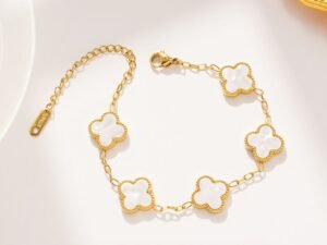 Pulsera dorada Van Cleef blanca doble cara de acero inoxidable con baño de oro de 18k