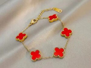 Pulsera dorada Van Cleef roja doble cara de acero inoxidable con baño de oro de 18k