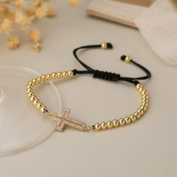 Pulsera dorada cuentas doradas unisex cruz circonias chapado en oro de 18k