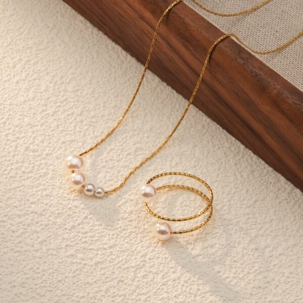 Set dorado collar y anillo perlas de acero inoxidable chapado en oro de 18k