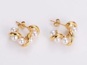 Argollas doradas perlas entrelazadas de acero inoxidable chapado en oro de 18k