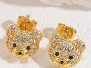 Aretes dorados oso pequeño con circonias incrustadas de chapado en oro de 14k