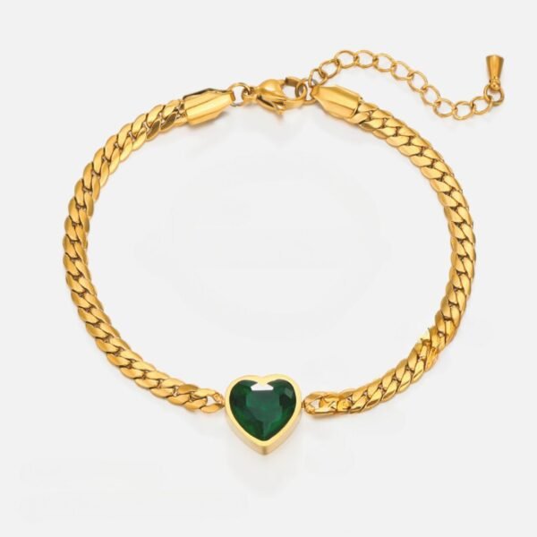 Pulsera dorada corazón verde esmeralda acero inoxidable
