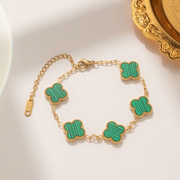 Pulsera dorada trebol verde acero inoxidable chapado en oro 18k