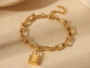 Pulsera dorada Tiffany con dije colgante candado acero inoxidable chapado en oro 18k