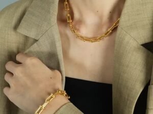 Set dorado Tiffany collar y pulsera de acero inoxidable chapado en oro 18k