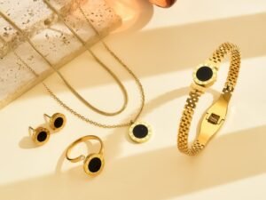 Set dorado números romanos circulo negro acero inoxidable chapado en oro 18k