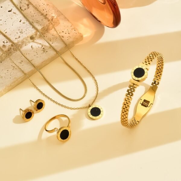 Set dorado números romanos circulo negro acero inoxidable chapado en oro 18k