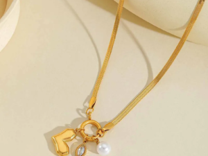 Collar dorado cadena snake corazón, perla y circonia acero inoxidable chapado en oro de 18k