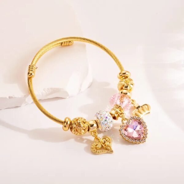 Pulsera estilo pandora charms corazón rosa con circonias acero inoxidable chapado en oro charms de aleación
