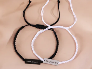 Duo de pulseras Su Rey, Su reina cuerda encerada blanca y negra acero inoxidable