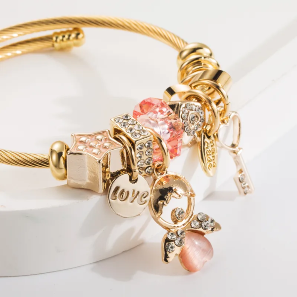 Pulsera estilo pandora charm angel rosa coral acero inoxidable chapado en oro 14k charms de aleación