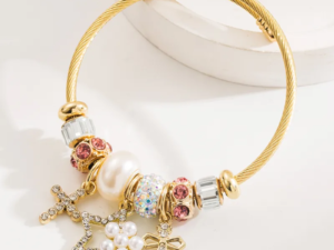 Pulsera estilo pandora charms rosa y cruces circonias acero inoxidable chapado en oro charms de aleación