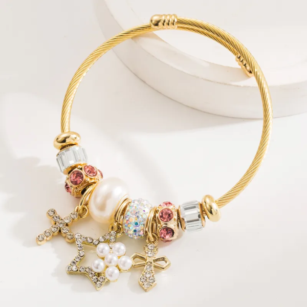 Pulsera estilo pandora charms rosa y cruces circonias acero inoxidable chapado en oro charms de aleación