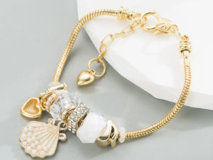 Pulsera dorada estilo pandora concha perlas acero inoxidable chapado charms de aleación