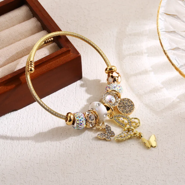 Pulsera dorada estilo pandora mariposas circonias acero inoxidable charms de aleacion