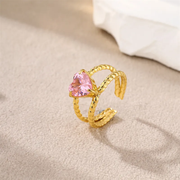 Anillo dorado ajustable corazon rosado acero inoxidable