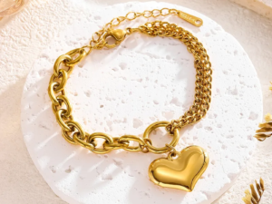 Pulsera dorada corazón cadenas eslabones diferentes acero inoxidable chapado en oro de 18k