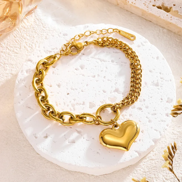 Pulsera dorada corazón cadenas eslabones diferentes acero inoxidable chapado en oro de 18k