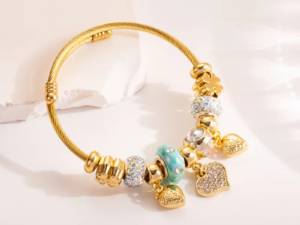 Pulsera dorada estilo pandora charms turquesa acero inoxidable chapado en oro