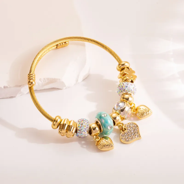 Pulsera dorada estilo pandora charms turquesa acero inoxidable chapado en oro