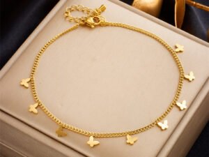 Tobillera dorada mariposa acero inoxidable chapado en oro de 18k