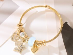 Pulsera dorada estilo pandora corazon y estrella charms celeste acero inoxidable charms de aleacion en oro