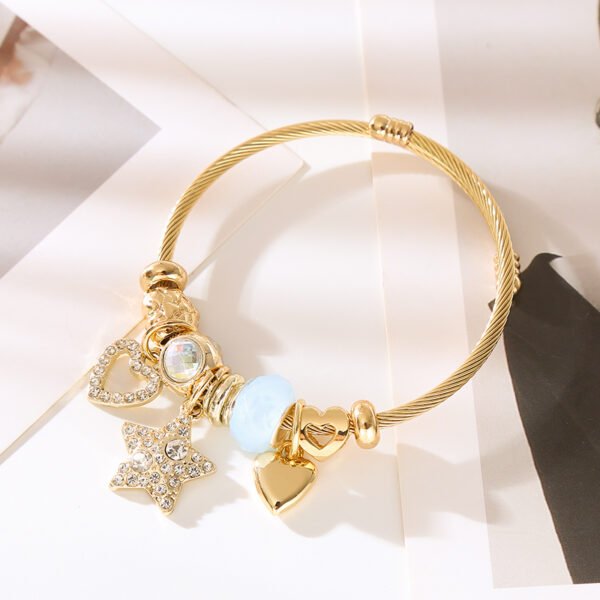 Pulsera dorada estilo pandora corazon y estrella charms celeste acero inoxidable charms de aleacion en oro