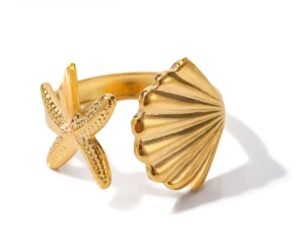 Anillo dorado estrella y concha acero inoxidable chapado en oro de 18k